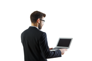 A business professional in a suit holding a laptop, viewed from the back. Isolated on a white background, representing technology and professionalism