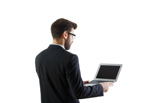A business professional in a suit holding a laptop, viewed from the back. Isolated on a white background, representing technology and professionalism