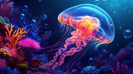 Fototapeta premium A vibrant jellyfish glows amidst colorful coral and bubbles in an underwater scene.