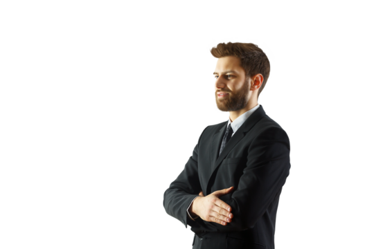 Confident man in a formal suit with crossed arms, standing and looking to the side, professionally captured on a clean white background