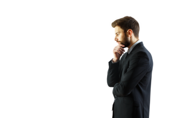Side view of a man in formal suit, hand on chin, isolated on white background. Concept of thinking, decision-making, and professionalism