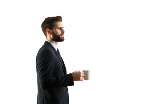 Side profile of a businessman wearing a suit, holding a white coffee cup, isolated on a clean white background. Concept of professional lifestyle