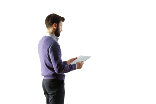 Man wearing a purple sweater holding a paper document, standing sideways, isolated on a white background. Concept of work or business