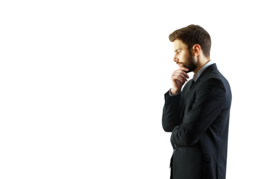 Side view of a man in formal suit, hand on chin, isolated on white background. Concept of thinking, decision-making, and professionalism