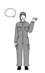 A mechanic woman in coveralls giving directions, with a wipeout.