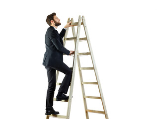 Man in a suit climbing a wooden ladder, isolated on a white background. Clean and professional...