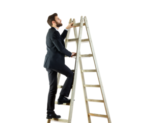 Man in a suit climbing a wooden ladder, isolated on a white background. Clean and professional image symbolizing success and career growth