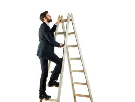 Man in a suit climbing a wooden ladder, isolated on a white background. Clean and professional image symbolizing success and career growth - Powered by Adobe