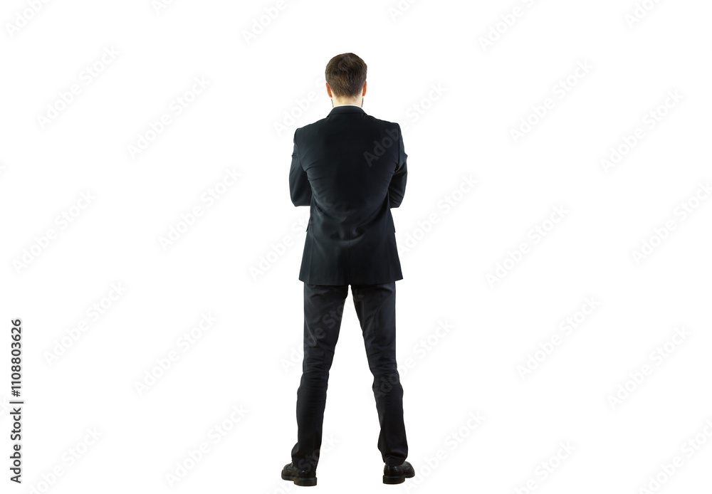 Poster rear view of a man in a formal suit standing with arms crossed, isolated on a white background. prof