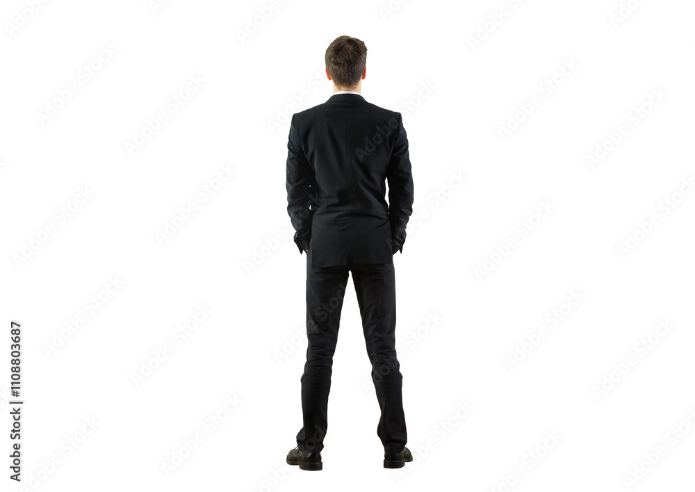 Poster a man in a formal suit standing with his back turned on a clean white background. isolated figure, s