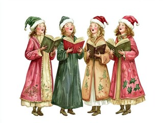 Vintage Watercolor Christmas Carolers Singing Joyfully | Intricate Detailing and Vibrant Colors | Isolated White Background, Ultra-Detailed