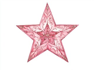 Obraz premium Shimmering Christmas Star Ornament - Festive Watercolor Illustration with Intricate Patterns and Sparkling Accents on Isolated White Background