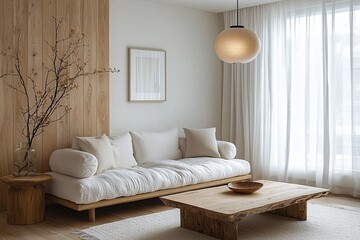 Fototapeta premium Minimalist, a living room photo of a combination of japandi interiors and Scandinavian interiors with white sofas and pendant lights with wood finishing parts of the walls. Generative AI 