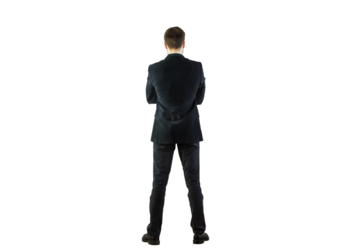 Rear view of a man in a formal suit standing with arms crossed, isolated on a white background. Professional attire concept