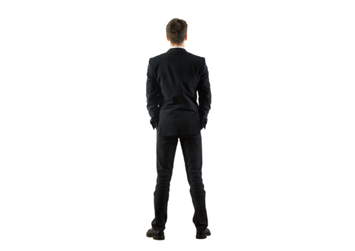 A man in a formal suit standing with his back turned on a clean white background. Isolated figure, suitable for professional or business concepts - Powered by Adobe