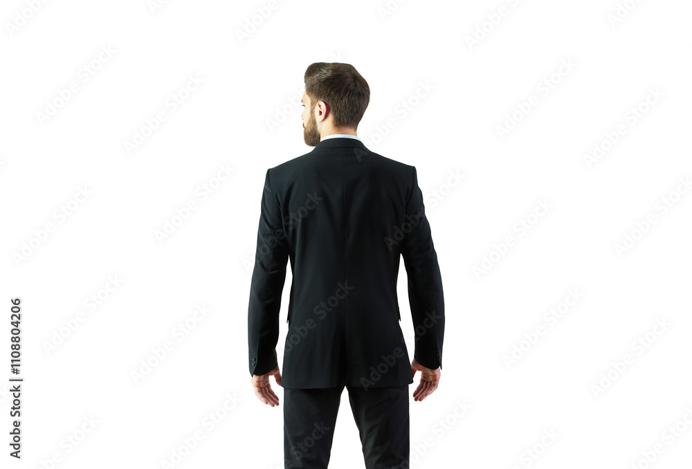 Poster back view of a man wearing a formal suit standing against an isolated white background. perfect temp
