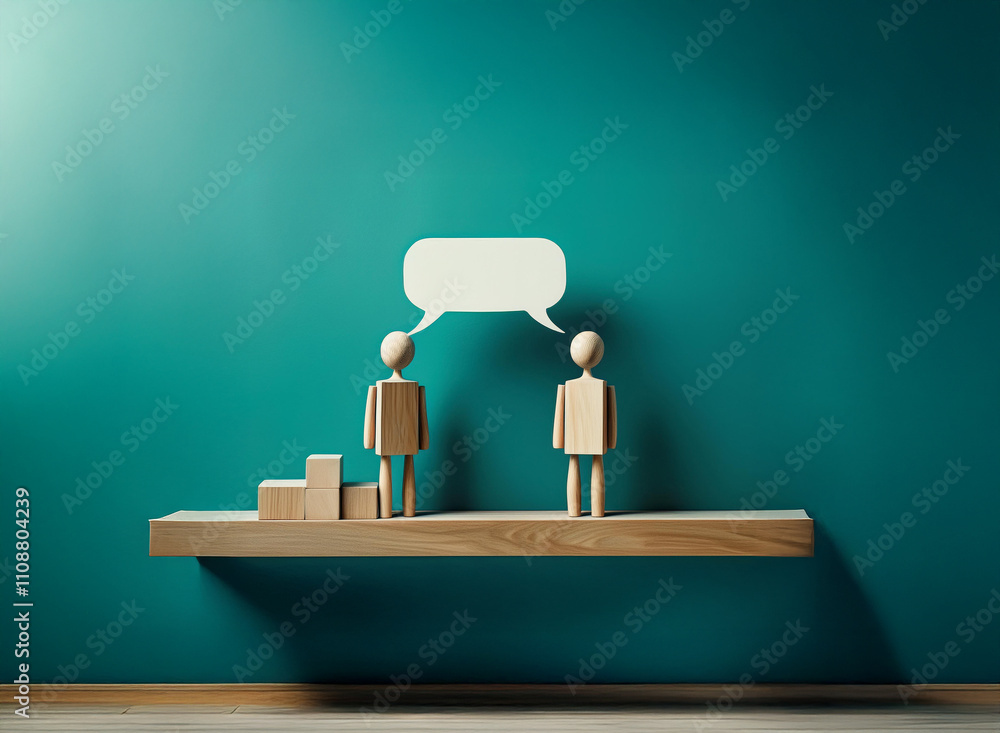 Aufkleber two wooden figures stand on a shelf, facing each other, with a blank speech bubble between them, sym