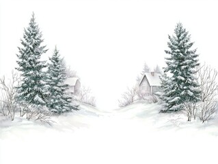 Fototapeta premium Enchanting Watercolor Winter Wonderland - Delicate Snow-Covered Trees and Festive Christmas Elements on Isolated White Background, Ultra-Detailed Artwork