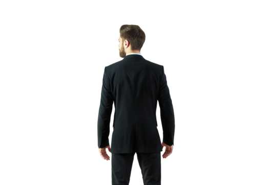 Back view of a man wearing a formal suit standing against an isolated white background. Perfect template for business or professional concepts