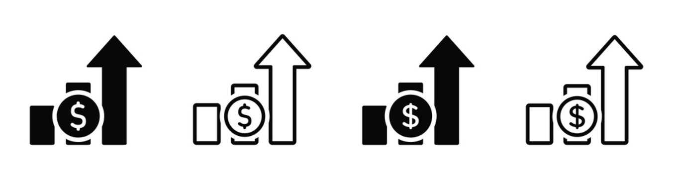 Dollar rate increase vector icon set. Cost rise vector illustration. Money increase vector signs. Dollar increase icon