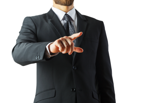 Close-up of a businessman in a suit pointing forward, white background, clean and isolated, representing leadership, decision-making, or focus
