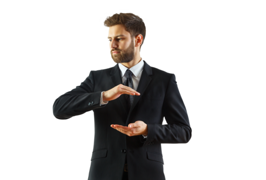Man in formal business attire gesturing with hands, isolated on white background, concept of presentation, professionalism, or measurement