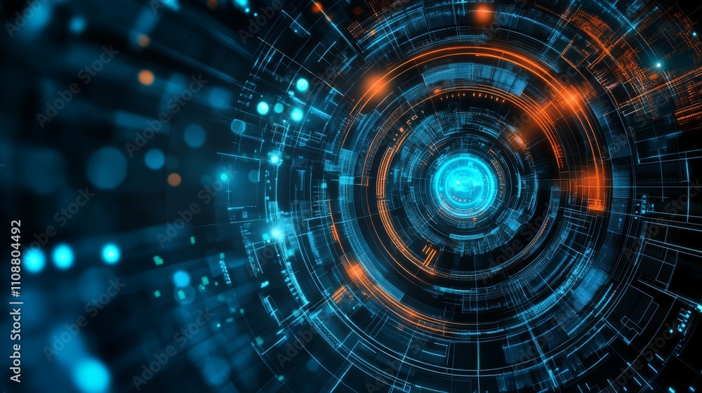 Poster background featuring abstract digital interface with glowing neon lines, high-tech circuit patterns,