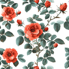 Elegant Red Roses with Green Leaves Pattern Isolated on transparent background