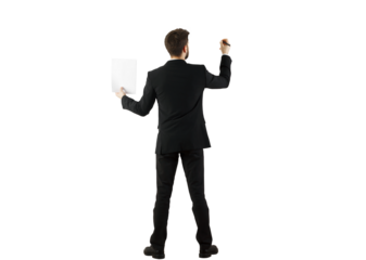 Rear view of a man in a suit holding a paper in one hand and writing with a marker. Isolated on a white background. Concept of business