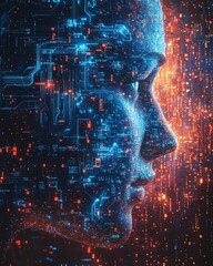 human face profile composed of flowing blue code and glowing circuit patterns, set against a dark, textured background 