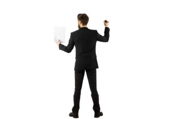 Businessman in formal suit holding paper and marker, viewed from the back, isolated on a white background. Concept of presentation and planning