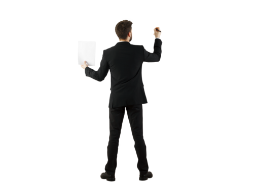 Rear view of a man in a suit holding a paper in one hand and writing with a marker. Isolated on a white background. Concept of business - Powered by Adobe