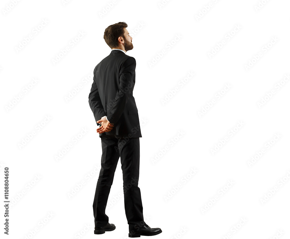 Poster Man in a formalsuit standing with hands clasped behind on a white background, isolated view. Represents professionalism and business style