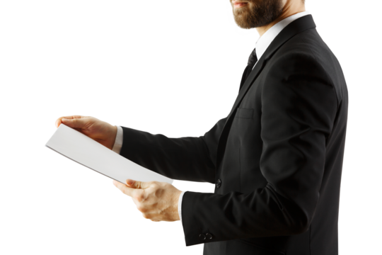 Closeup of a man wearing a formal suit holding a blank sheet of paper. Isolated on a white background. Concept of business and presentation