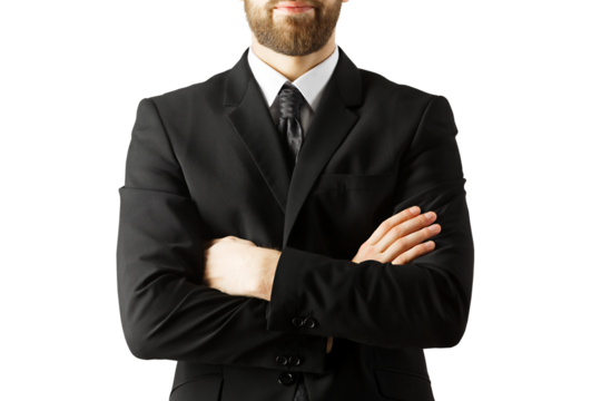 Businessman in formal attire crossing arms, isolated on a clean white background. Represents confidence, professionalism, and corporate style