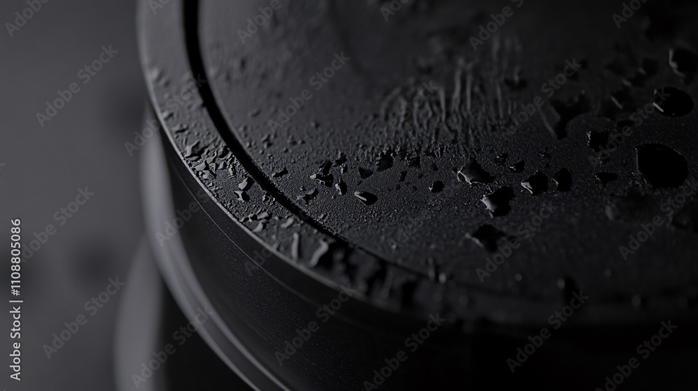 Poster Water droplets accumulating on black surface creating textured effect