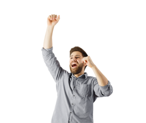 Man in checkered shirt smiling and cheering with raised arm, isolated on a white background. Concept of happiness, success, and celebration