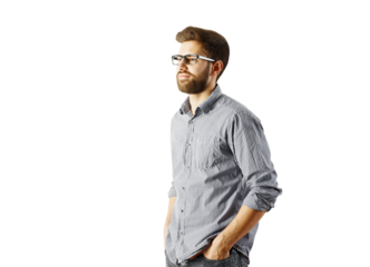 Confident man in glasses wearing a checkered shirt, standing with hands in pockets, isolated on white background. Concept of casual style