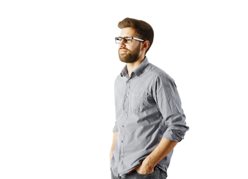 Confident man in glasses wearing a checkered shirt, standing with hands in pockets, isolated on white background. Concept of casual style