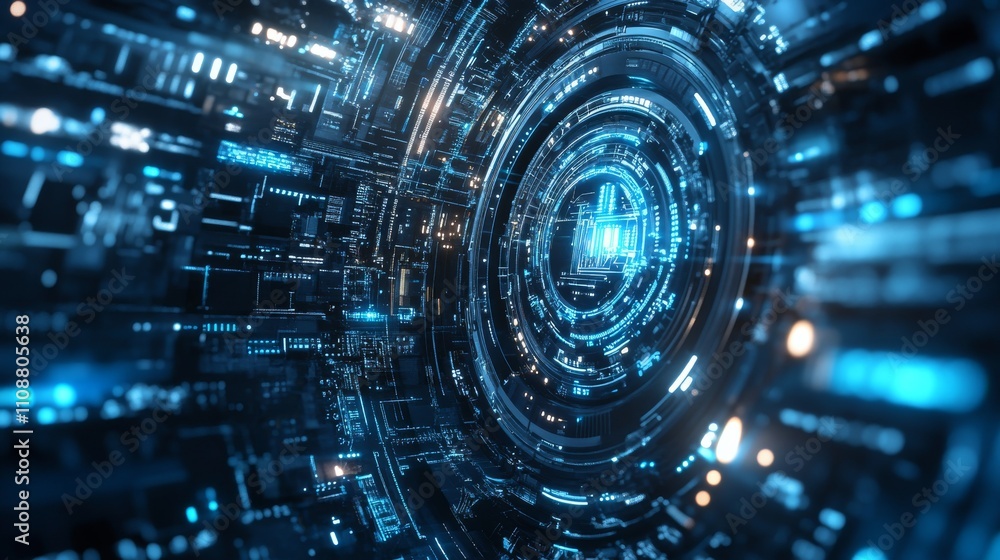 Poster background featuring abstract digital interface with glowing neon lines, high-tech circuit patterns,