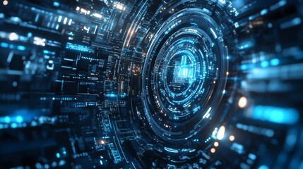  Background featuring abstract digital interface with glowing neon lines, high-tech circuit patterns, and sleek geometric shapes, ideal for modern innovation themes, advanced technology concepts, and 