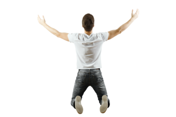 Man in casual attire kneeling with open arms, back view, isolated on a white background. Represents freedom, victory, or celebration