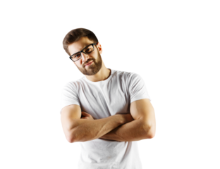 Portrait of a confident man with glasses in casual white t-shirt, arms crossed, isolated on white background. Concept of casual style and confidence