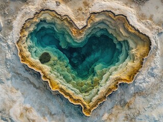 Fototapeta premium Stunning Aerial View of Heart-Shaped Thermal Pool Surrounded by Unique Mineral Deposits and Vibrant Colors in Nature's Wonderland