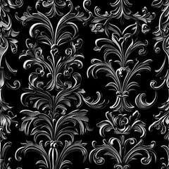 Elegant silver damask pattern on black background.