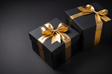 Obraz premium Horizontal banner with luxury designed gift boxes with ribbon bows isolated on black background with copy space. Black Friday, Sale Holiday background. Christmas, new year, sale, shopping.