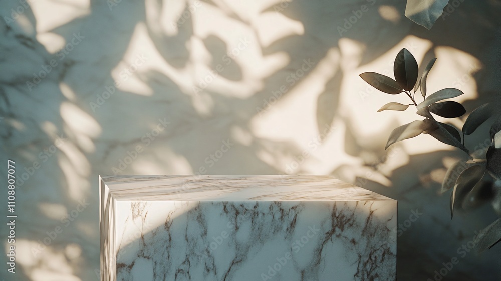 Poster Empty marble podium displaying products with leaf shadows on marble wall