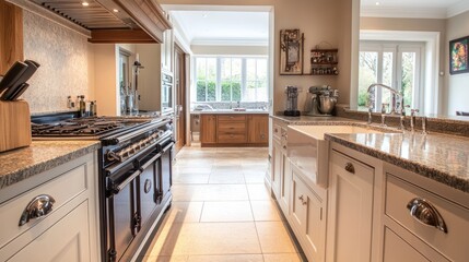 A sophisticated luxury home kitchen featuring a functional washbasin, a contemporary stove, and a clean, open space design.