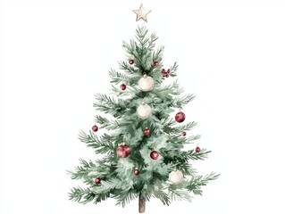 Fototapeta premium Festive Watercolor Christmas Tree with Handmade Decorations for Cozy Holiday Celebrations | Ultra-Detailed Artwork on White Background