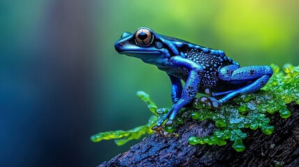 Obraz premium Vibrant Blue Poison Dart Frog on Mossy Log in Rainforest